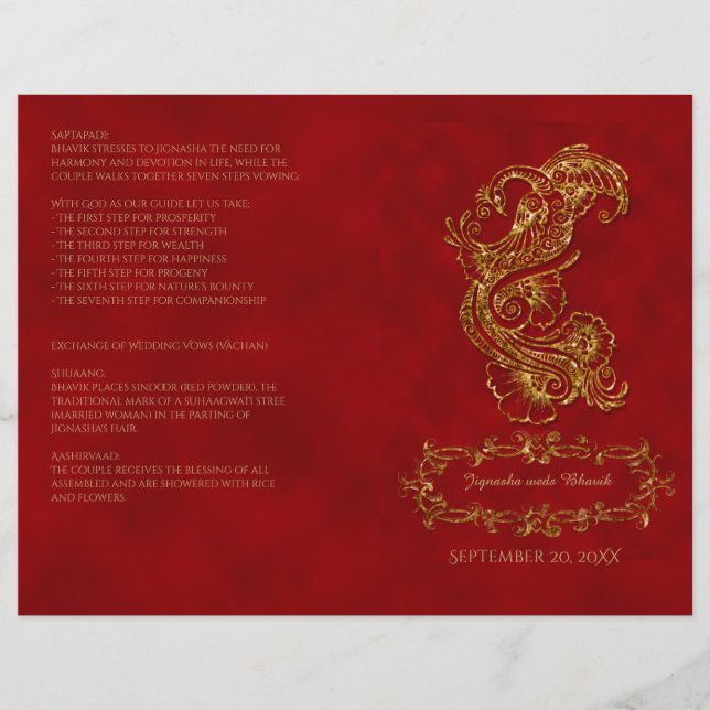 Red and Gold Peacock Hindu Wedding Program (Front)