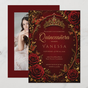 Red and Gold Photo Quinceanera Invitation