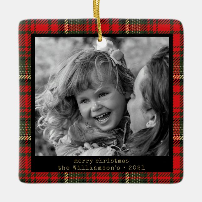 Red and Gold Plaid Family Photo Christmas  Ceramic Ornament (Front)