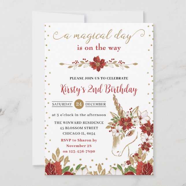 Red and Gold Poinsettia Unicorn Face Birthday Invitation (Front)