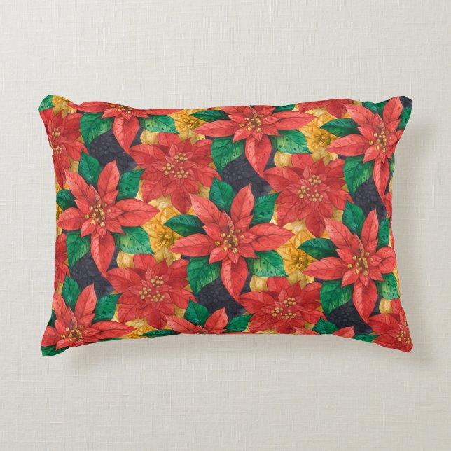 Red and Gold Poinsettias Christmas Holiday Decorative Cushion (Front)