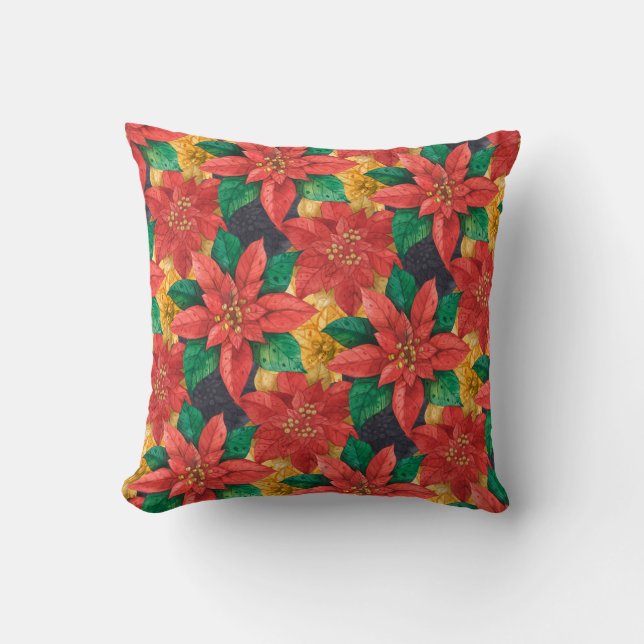 Red and Gold Poinsettias Holiday Christmas Cushion (Front)