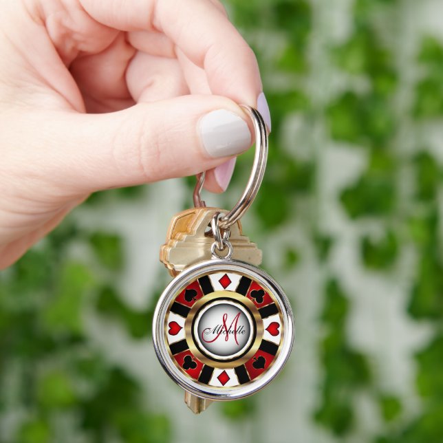 Red and Gold Poker Chip Design - Monogram Key Ring (Hand)