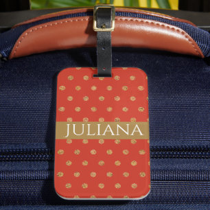 Red and Gold Polka Dots Personalised Luggage Tag