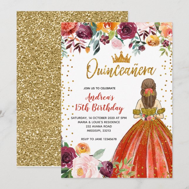 Red and Gold Princess Floral Quinceañera Birthday Invitation (Front/Back)