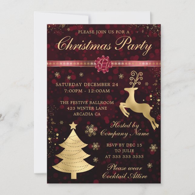 Red and Gold Reindeer and Tree Christmas Party Invitation (Front)
