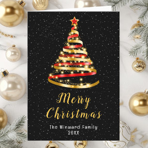 Red and Gold Ribbon Tree Merry Christmas Holiday Card