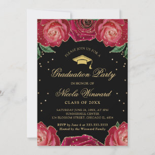 Red and Gold Roses Border Floral Graduation Invitation