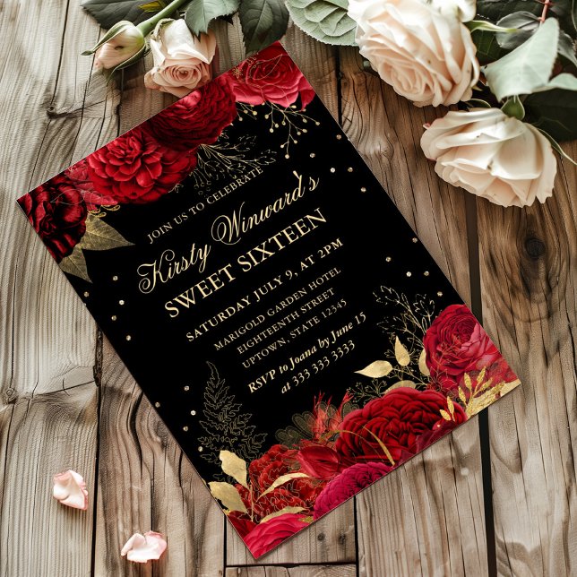 Red and Gold Roses Border Floral Sweet Sixteen Invitation (Creator Uploaded)