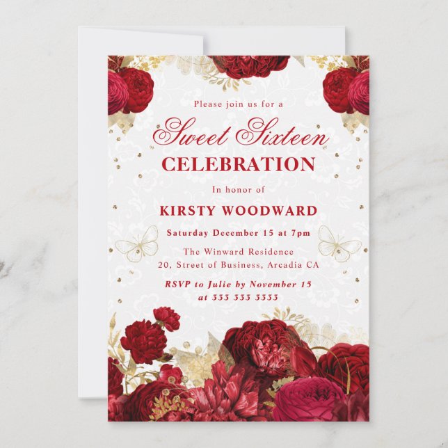 Red and Gold Roses Floral Sweet Sixteen Invitat Invitation (Front)