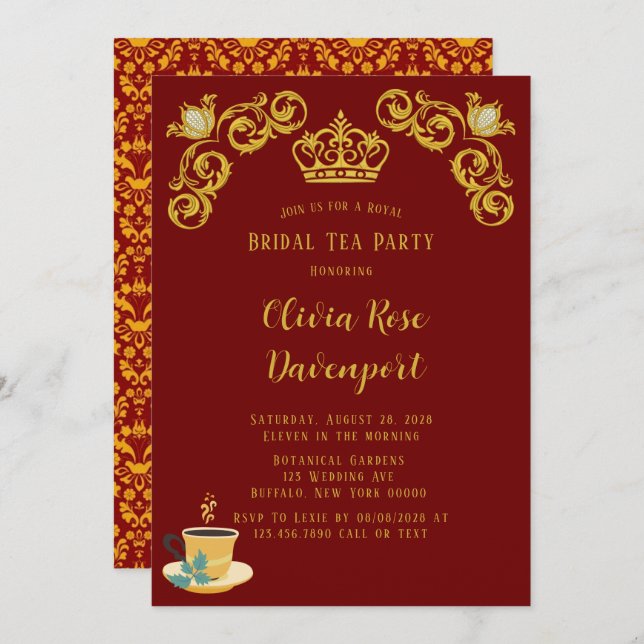 Red and Gold Royal Crown Damask Bridal Tea Party Invitation (Front/Back)