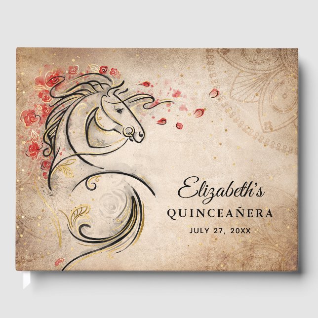 Red and Gold Rustic Ranchera Mexican Quinceanera Guest Book (Front)
