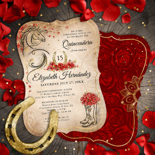 Red and Gold Rustic Ranchera Mexican Quinceanera Invitation