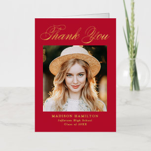 Red and Gold Script Photo Graduation Thank You Foil Greeting Card