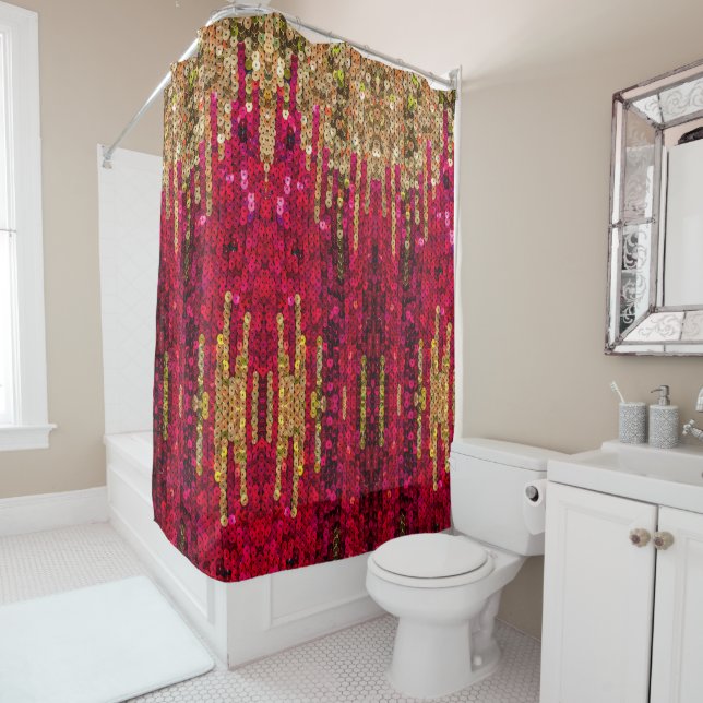 Red and gold sequins pattern shower curtain (In Situ)