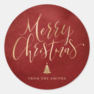 Red and Gold Simple Calligraphy Merry Christmas Classic Round Sticker