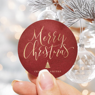 Red and Gold Simple Calligraphy Merry Christmas Classic Round Sticker