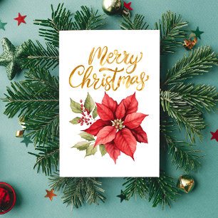 Red and Gold Simple Classic Poinsettia Holiday Card