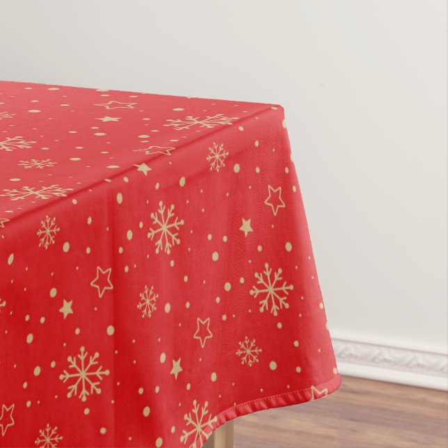 Red and Gold Snowflake Tablecloth (In Situ)