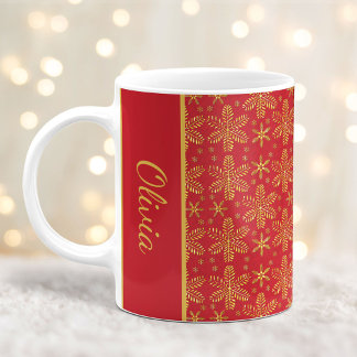 Red and Gold Snowflakes Christmas Mug with Name