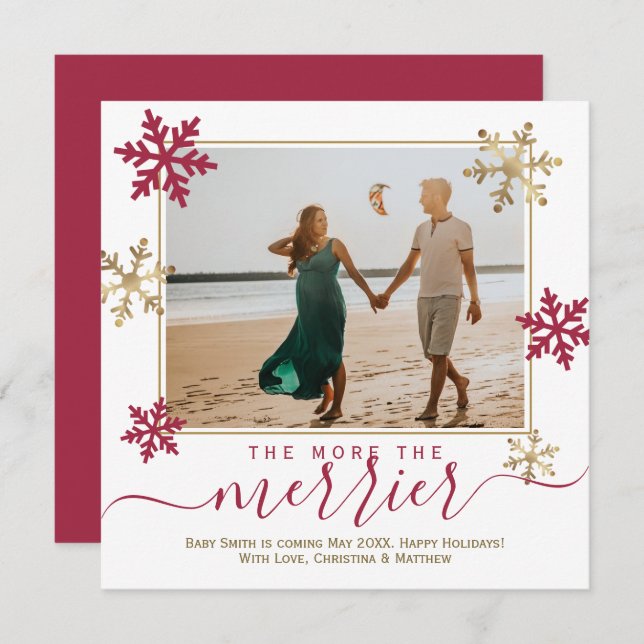 Red and Gold Snowflakes Photo Christmas Pregnancy  Announcement (Front/Back)