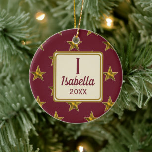Red and Gold Star Monogram Initial Christmas Ceramic Tree Decoration
