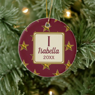 Red and Gold Star Monogram Initial Christmas Ceramic Tree Decoration