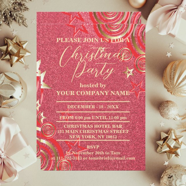 Red And Gold Stars Glitter Company Christmas Party Invitation (Creator Uploaded)