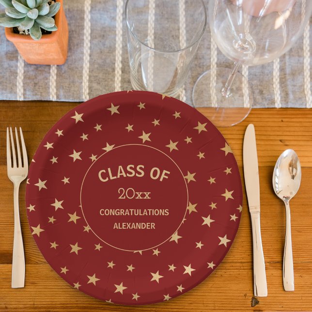 Red and Gold Stars graduation party Paper Plate (Creator Uploaded)