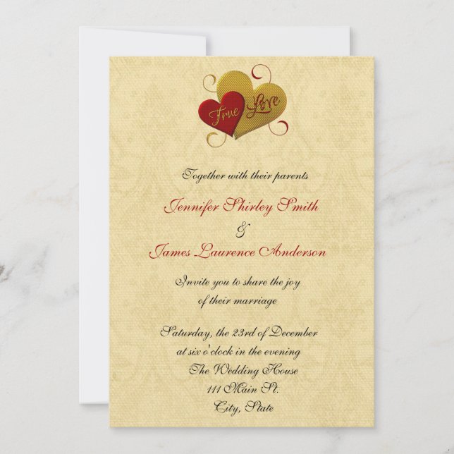 Red and Gold True Love Wedding Invitation (Front)