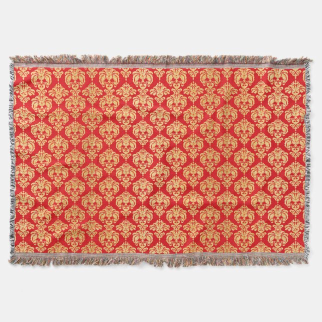 Red and Gold Vintage Damask Pattern Throw Blanket (Front)