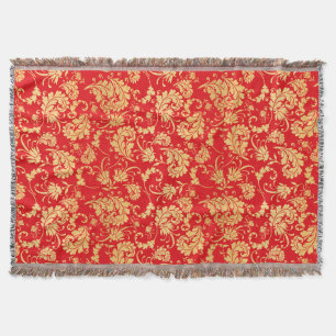 Red and Gold Vintage Leaf Damask Pattern Throw Blanket