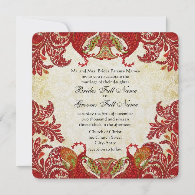 Red and Gold Vintage Paisley Damask Wedding Invitation (Front)