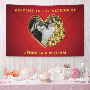 Red And Gold Wedding Theme Photo In Heart-shaped Banner