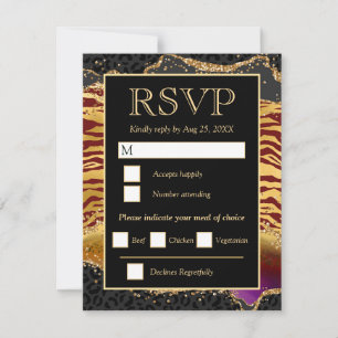 Red and Gold Wild Jungle Glitter Agate Wedding RSVP Card