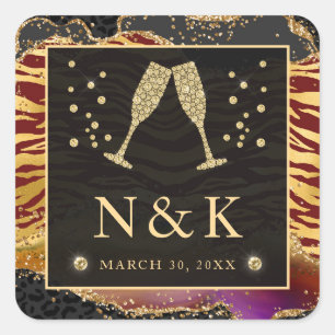 Red and Gold Wild Jungle Glitter Agate Wedding Square Sticker