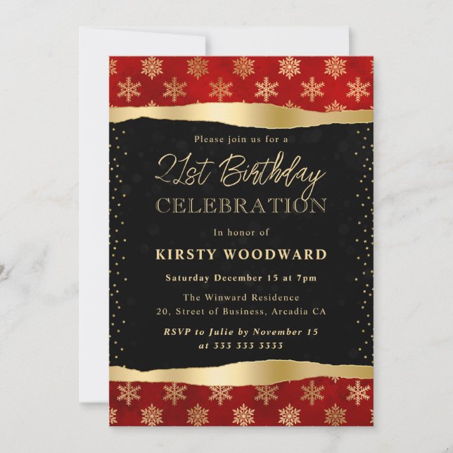 Red and Gold Winter Snowflakes 21st Birthday Invitation (Front)