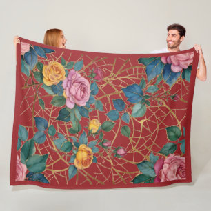 Red and Gold with Roses Stained Glass Look Fleece Blanket