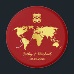 Red and gold world map destination chinese wedding magnet<br><div class="desc">Realize your dream wedding with an oriental touch! You can customize the design by adding your names and wedding date etc. You are also welcome to reach out to me for any special design which is uniquely for you. Double happiness symbol and red decorations are the must have items for...</div>