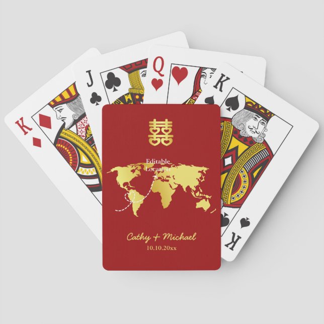 Red and gold world map destination chinese wedding playing cards (Back)