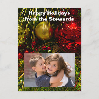 Red and Gold Xmas Ornaments on Tree Photo PCard Holiday Postcard