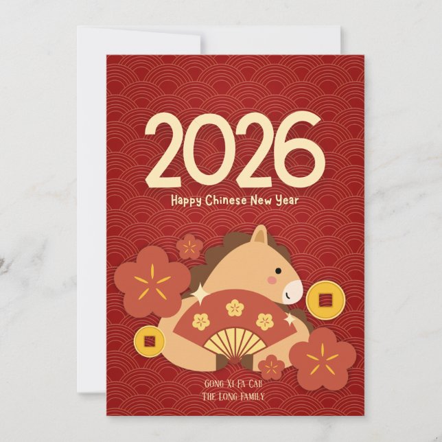Red and Gold Year of Horse Chinese New Year Holiday Card (Front)