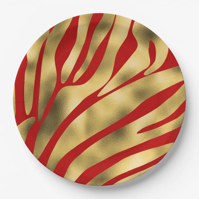 Red and Gold Zebra Festive Paper Plate (Front)