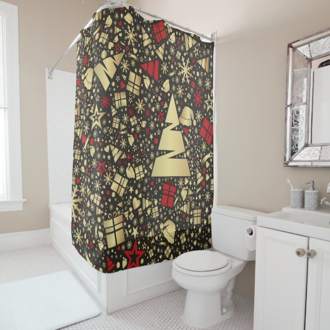  Red and Golden Christmas Tree Snowflakes and Star Shower Curtain (In Situ)