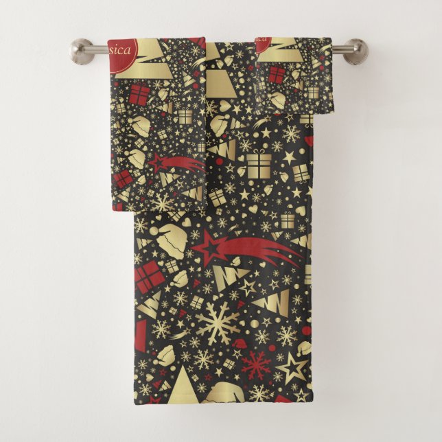 Red and Golden Christmas Tree Snowflakes and Stars Bath Towel Set (Insitu)