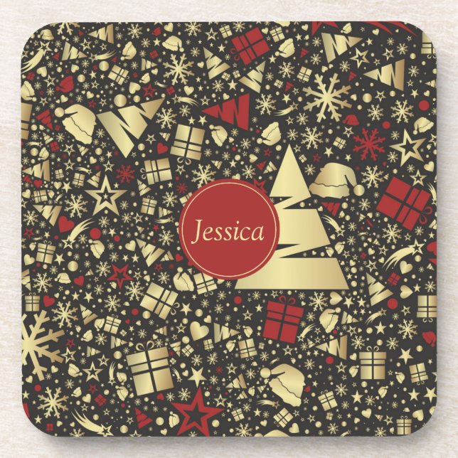 Red and Golden Christmas Tree Snowflakes and Stars Coaster (Front)