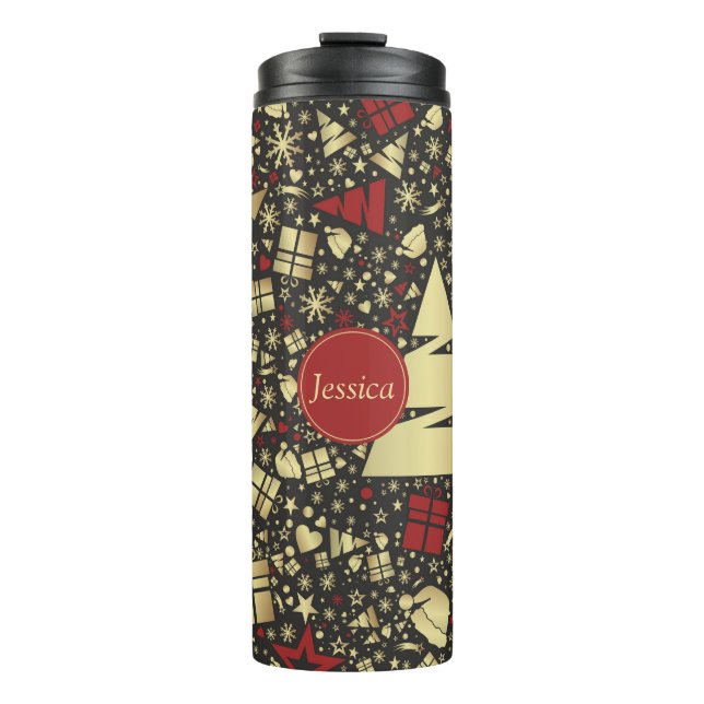 Red and Golden Christmas Tree Snowflakes and Stars Thermal Tumbler (Front)