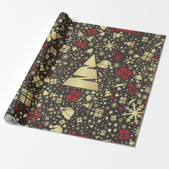 Red and Golden Christmas Tree Snowflakes and Stars Wrapping Paper (Unrolled)