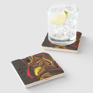 Red and golden curved strokes on dark background stone coaster