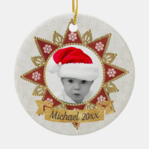 Red And Golden Luxury Circle Shape Frame Snowflake Ceramic Tree Decoration